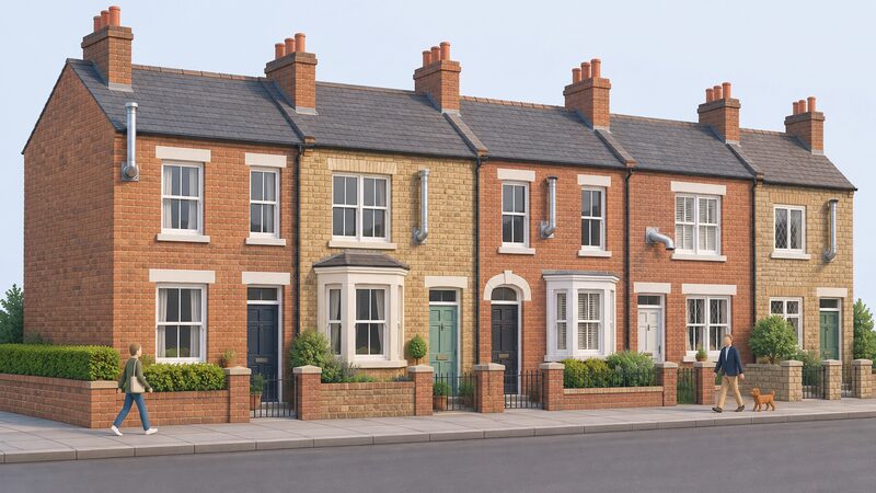 A terraced street of older brick homes seen from the pavement, with varied window styles including sash and casement, and boiler flues emerging at different positions on the front walls, suggesting a mix of converted and mixed-tenure private rented properties.