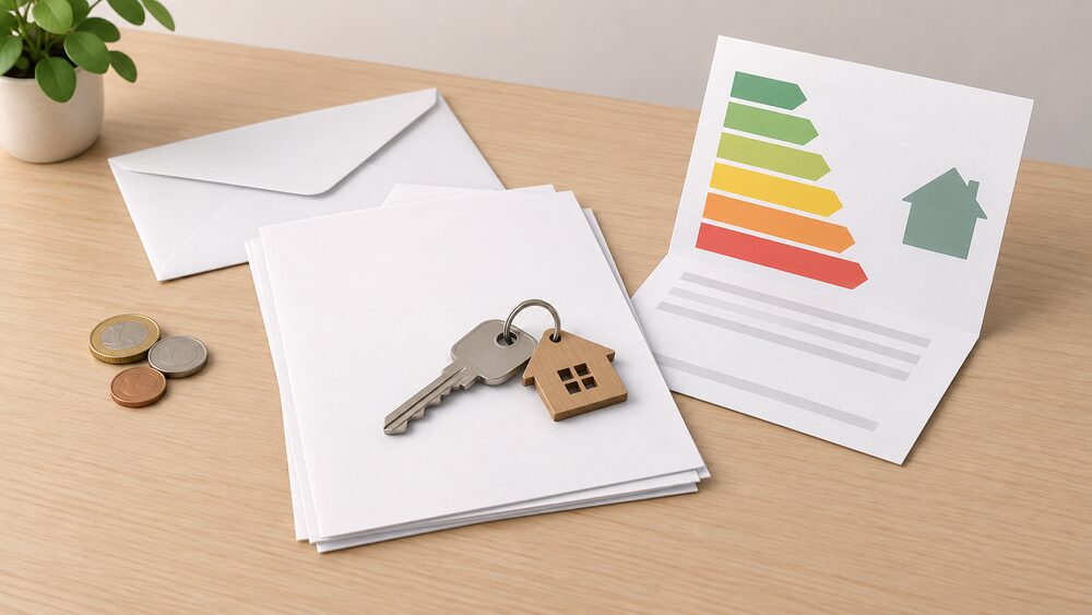 A small arrangement on a table of a house key resting on blank paperwork beside a folded EPC-style certificate sheet, a plain envelope and a few coins, suggesting the moment a renter receives a certificate when moving into a let property.