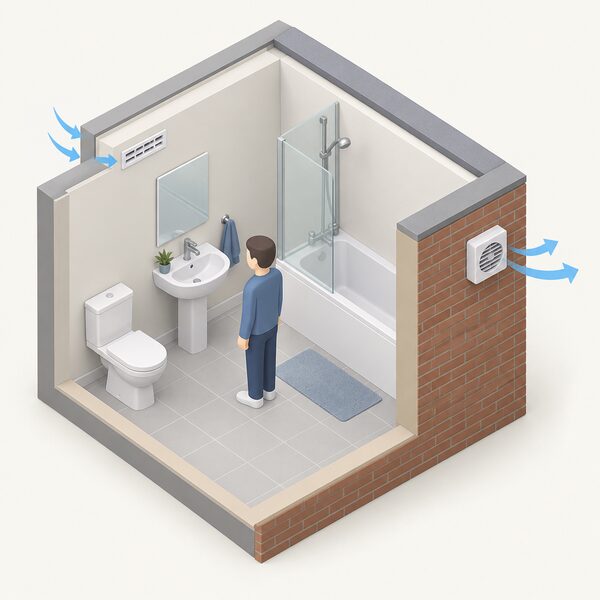 A small isometric bathroom scene showing a single-room extract fan mounted on the inside wall, with a trickle vent or air brick in an external wall letting replacement air in, and a simplified figure nearby for scale.