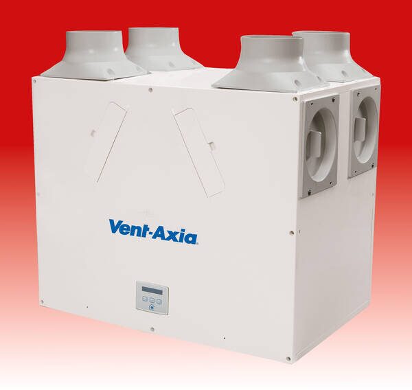 A white Vent-Axia Sentinel Kinetic high-flow MVHR ventilation unit with duct spigots and control panel on a red gradient background