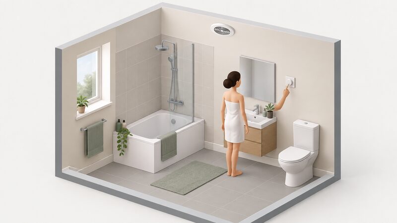 A simplified isometric bathroom scene showing a white ceiling-mounted extract fan set flush into the ceiling above a bath and shower, with its circular grille visible from below and a small humidistat control mounted on the nearby wall.