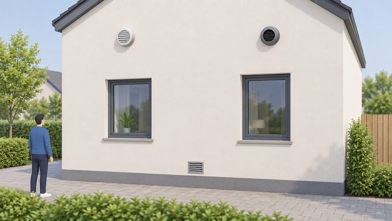 A flat building facade with a wall-mounted ventilation intake terminal and an extract terminal spaced well apart horizontally, both positioned high on the wall and clearly above and clear of a small ground-floor vent grille below.