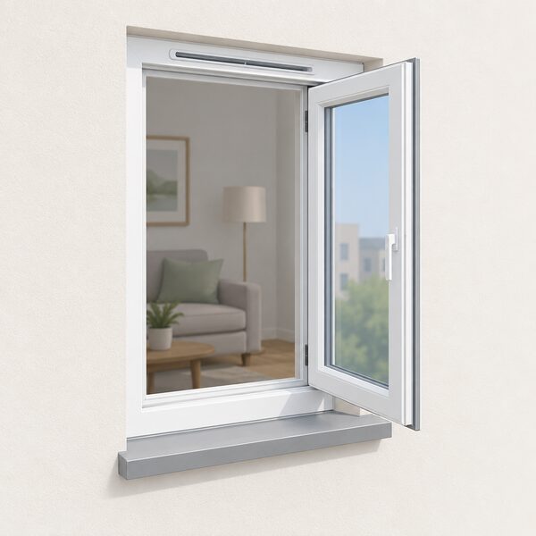 A close-up of an openable casement window in a flat's single external wall, with a slim trickle ventilator set at the top of the frame, shown as the background ventilation the flat depends on.