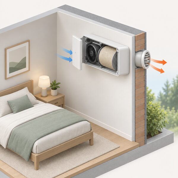 A cutaway bedroom interior showing a single-room heat recovery unit mounted high on the external wall, with its casing opened to reveal the small reversing fan and ceramic heat exchanger core, and the wall penetration through to the outside.