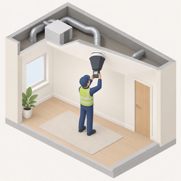 An engineer in a flat holds a flow measuring hood device up to a circular supply air valve on the ceiling, with a small mechanical ventilation unit and ducting visible above, checking the air flow rate.