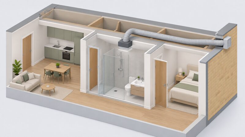 A cutaway isometric view of a flat interior showing a continuous mechanical extract unit mounted on the bathroom ceiling, with flexible ducting running from it through a service void above the ceiling and out to an external terminal on the outside wall.