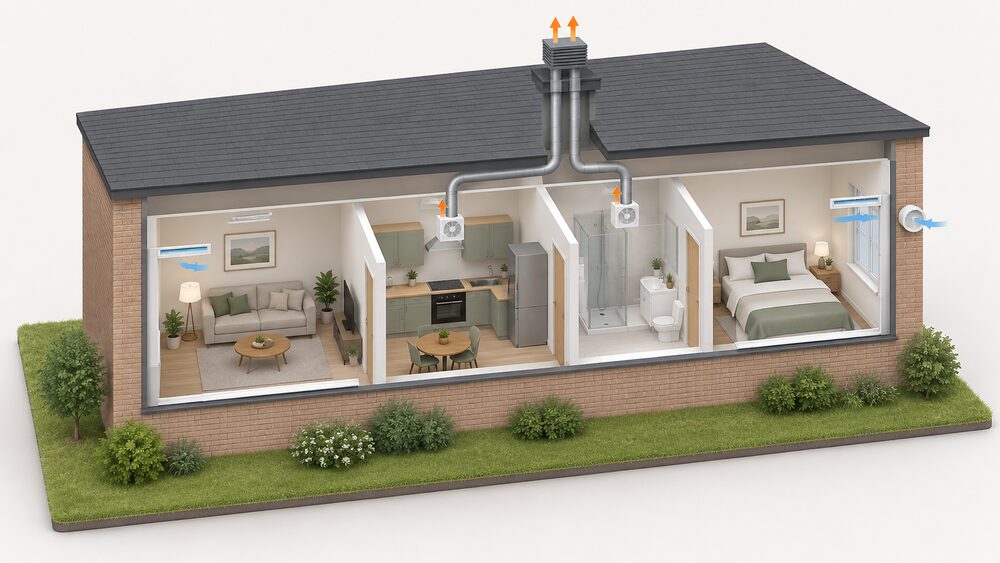 A cutaway single-storey flat showing mechanical extract fans in the kitchen and bathroom, ducts running to a roof terminal on the block above, trickle ventilators in the habitable-room window frames, and a background ventilator through an external wall.