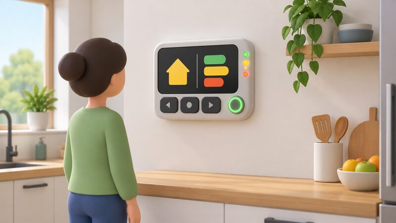 A wall-mounted accessible in-home display on a kitchen wall, shown as a rounded handheld-style unit fixed at eye level, with a large high-contrast screen, big tactile buttons, a prominent round LED push button and small coloured indicator lights along its edge.
