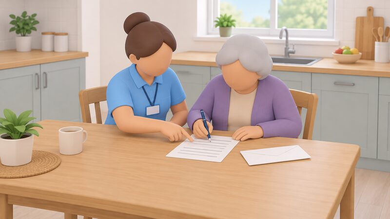 A carer sits beside an older person at a kitchen table, guiding their hand as they complete a paper registration form, with a pen, an envelope and the form laid out plainly between them.