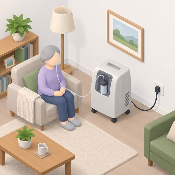 A home oxygen concentrator standing indoors on the floor of a living room, its power lead running to a wall socket, with a simplified isometric figure nearby, showing the medical equipment that depends on electricity and is covered by the Critical Care Register.
