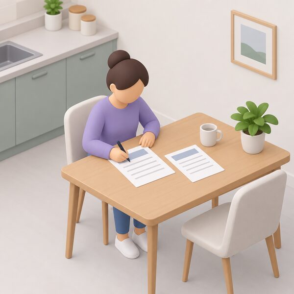 A simplified isometric figure sits at a kitchen table filling in a printed Customer Care Register application form with a pen, the form shown as a physical sheet with blank lines and plain blocks, a second blank form beside it.