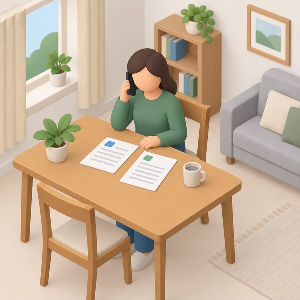 A simplified isometric householder sitting at a home table making a phone call, with two separate application forms or letters from different organisations laid out beside the phone, showing that support must be claimed by the household itself, often more than once and from more than one organisation.