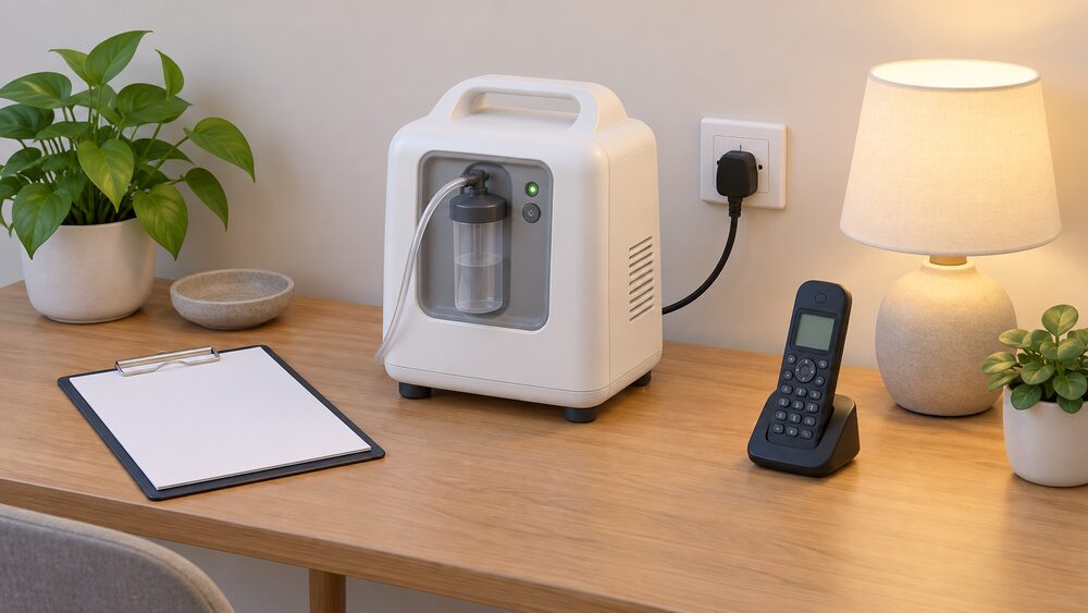 A small white oxygen concentrator plugged into a wall socket on a table, beside a blank written plan on a clipboard and a cordless telephone handset, with a lit table lamp nearby.
