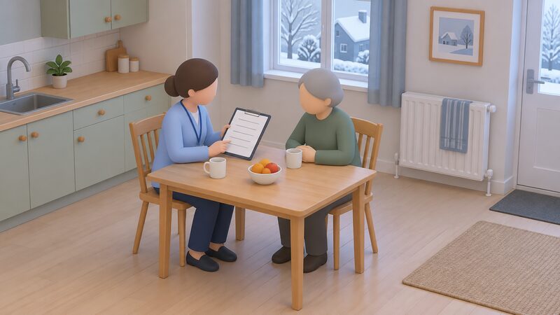 A clinician and a patient sit together at a kitchen table in a home, the clinician holding a clipboard with blank lines while they discuss the patient's health in relation to the cold home around them.