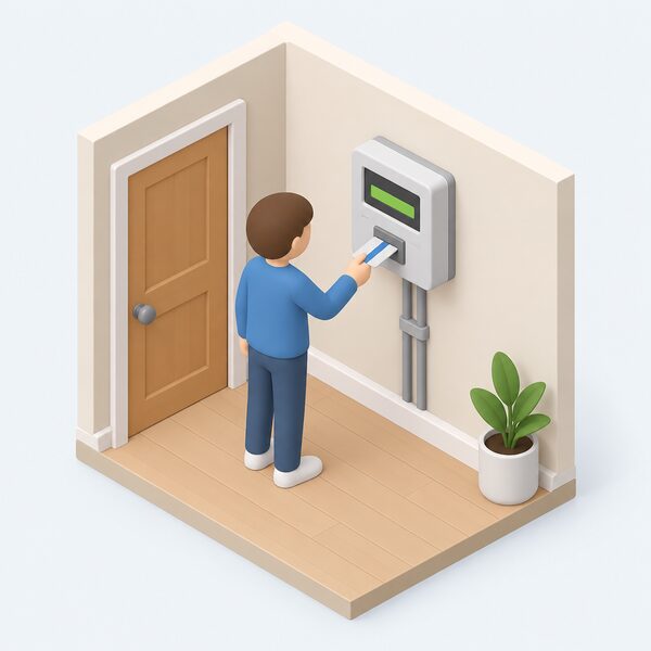 A small isometric figure stands at a domestic electricity meter mounted on an interior wall, holding a top-up card toward the meter while a nearby screen shows a plain colour band indicating credit added to the household energy account.