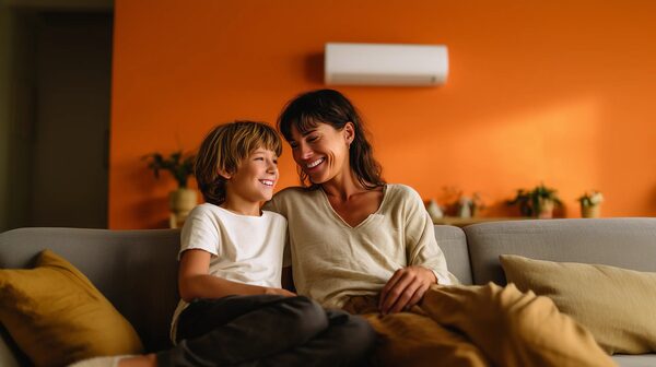 A mother and son smiling on a sofa in a warm orange living room with a white wall-mounted heat pump indoor unit above them
