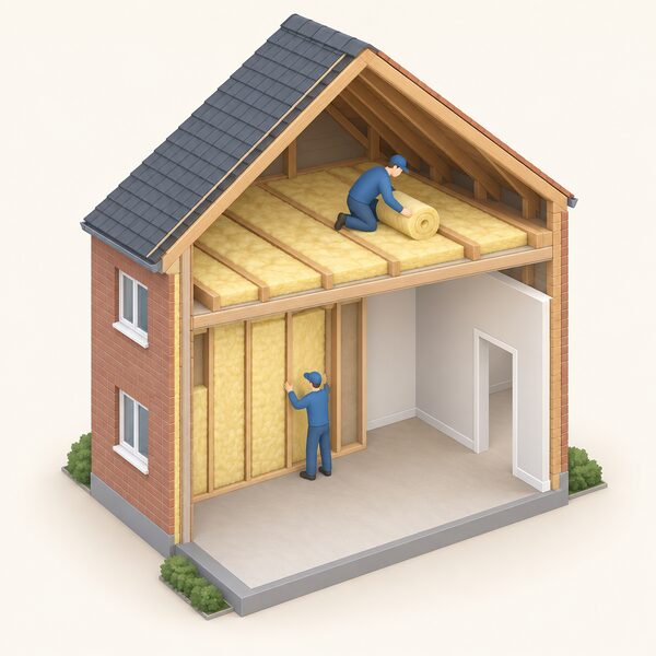 A cutaway view of a home's wall and loft showing insulation fitted within the building fabric, with a small isometric installer figure placing insulation between wall studs or laying loft insulation, illustrating the permanent measure that reduces the energy the home needs.
