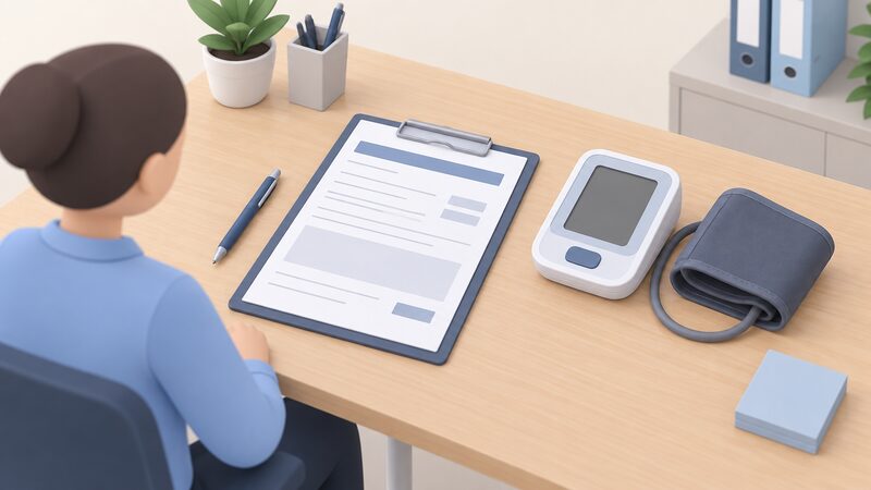 A completed referral form lying on a desk, filled in with blank lines and plain blocks, beside a blood pressure monitor with its cuff, showing the referring organisation rather than the patient completing the paperwork.