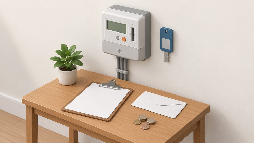 A domestic electricity prepayment meter on a plain wall with its key resting beside it, and on a small table in front of it a blank referral form on a clipboard, a plain envelope and a few coins, suggesting credit being added to an energy account through a clinical referral.