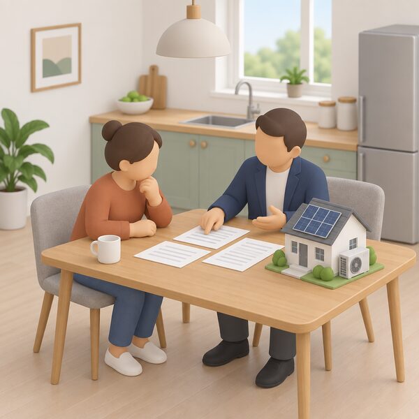 A homeowner and an adviser sit at a kitchen table in a home, paperwork sheets between them, with a simple model of a house showing solar panels and a heat pump beside the documents to indicate the retrofit measures the loan would fund.