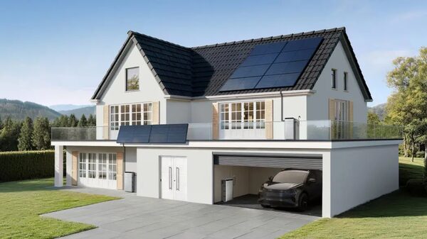 A rendered modern house with solar panels on the roof and a battery unit in the garage next to an electric car