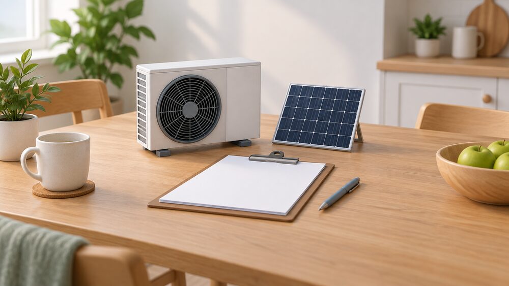 A kitchen table with blank application paperwork, a clipboard and a pen, beside a small model of an air source heat pump unit and a miniature solar panel, representing a household applying for Warm Homes Plan funding.