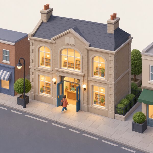 A welcoming local library building on a high street with its entrance door open, warm light glowing from the windows, and a small simplified figure walking in from the pavement, showing an already open, staffed and heated community warm space.
