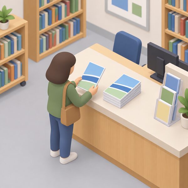 A printed Winter Wellbeing Guide booklet lying on a library information counter, with a simplified figure picking up or browsing a copy, and a small stack of further copies beside it in a plain community library setting.