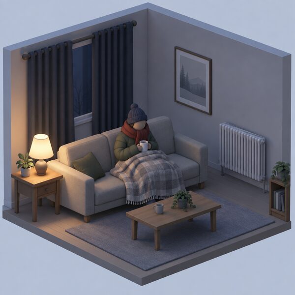A cold, sparsely furnished living room in a hard-to-heat home where a person in a thick coat and scarf sits wrapped in a blanket on a sofa beside an unlit, cold radiator, with a single lit lamp and closed heavy curtains against a dark window.