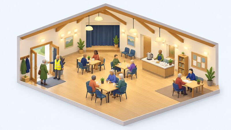 An open community hall during a warm hub session, with tables and chairs arranged for visitors, a refreshments counter with a kettle and cups, a volunteer welcoming people at the door, and an advice table where a visitor sits talking with a helper.