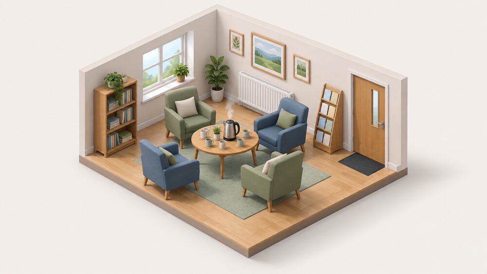 A welcoming community-hub room in a village hall or library, with a wall radiator warming empty armchairs arranged around a table that holds a steaming kettle and mugs, a leaflet stand of blank advice leaflets beside the door.