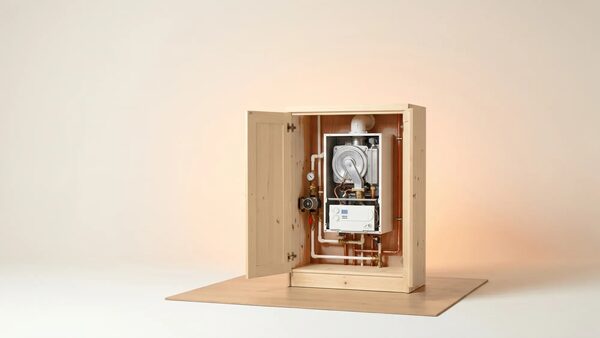 A wall-mounted gas boiler installed inside an open wooden cupboard, showing pipework and controls