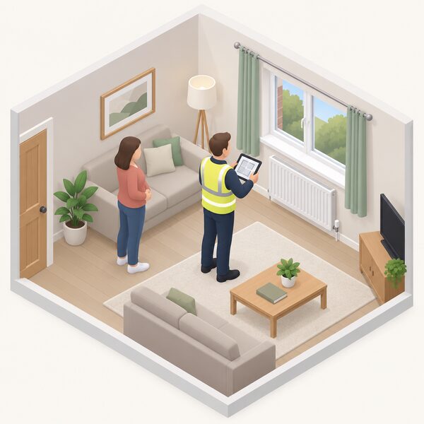 A surveyor with a tablet or laptop stands in a home's living room, working through an initial survey by noting the room's dimensions, windows, walls and heating, while the householder stands nearby.