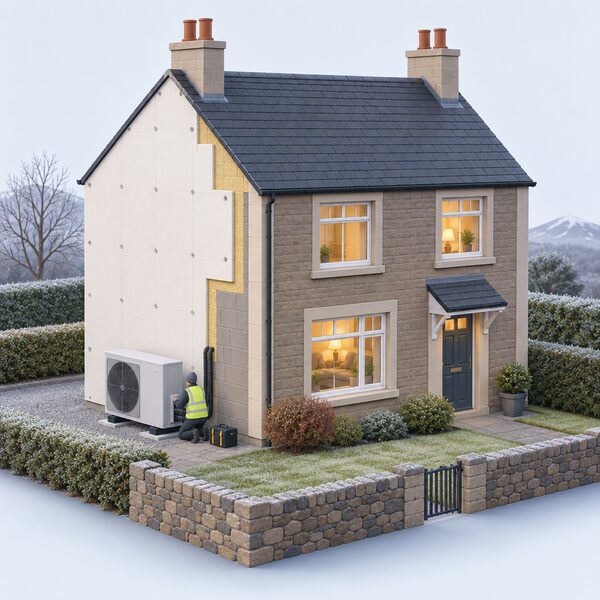 An ordinary Scottish house exterior in cool weather, with an air source heat pump unit beside the wall and visible wall insulation work, a small simplified figure of an installer finishing the outdoor installation while the home looks warm and lived-in.