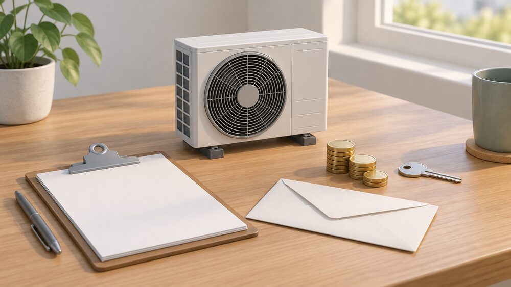 A small model of an air source heat pump fan unit stands on a table beside a blank application form on a clipboard, a plain envelope, a house key and a small stack of coins, all lit by soft daylight from a nearby window.