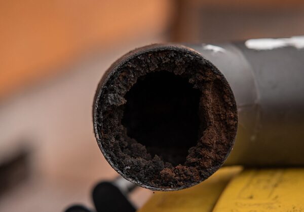 Close-up of the open end of a metal chimney flue pipe heavily coated with dark creosote build-up