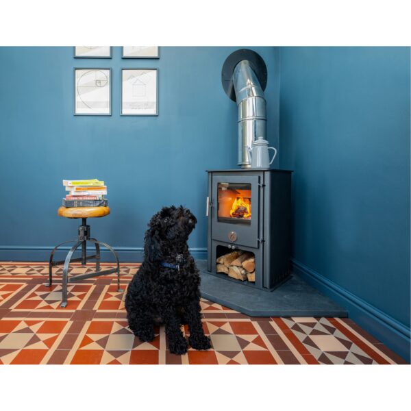 A black wood-burning stove with a lit fire and log store, flue pipe through a blue wall, with a black dog sitting on patterned tiled floor beside it