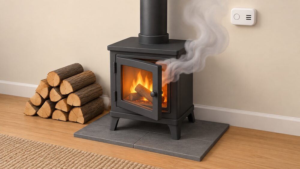A close-up of a wood burning stove in a room with its door slightly ajar, grey smoke curling out into the room, a stack of logs beside it and a carbon monoxide alarm mounted on the wall above.