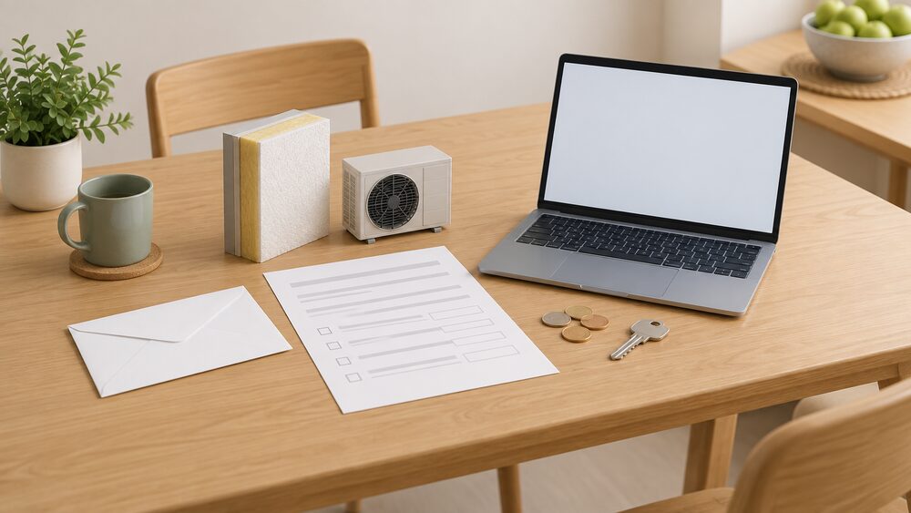 A kitchen table with a blank application form and a plain envelope beside a laptop with a blank screen, a small model of a wall insulation panel and a tiny heat pump unit standing next to the paperwork, a few coins and a house key laid out nearby.