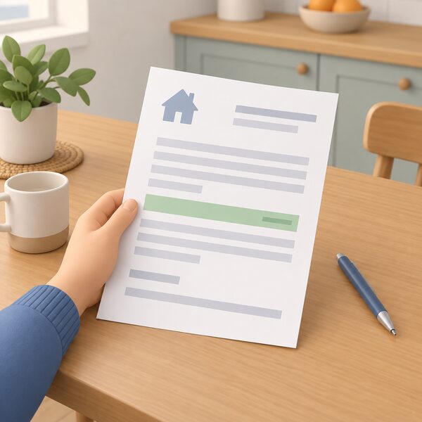 A paper household electricity bill lying on a kitchen table beside a pen, with a highlighted discount line shown as a plain colour band among blank lines, and a simplified figure's hand holding the bill's edge.
