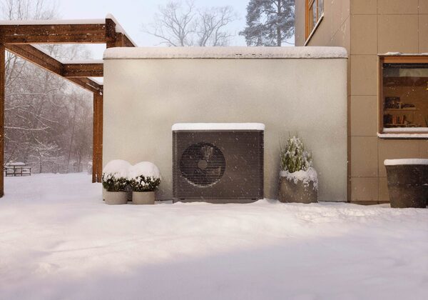 An air source heat pump unit installed outside a modern house in a snowy garden