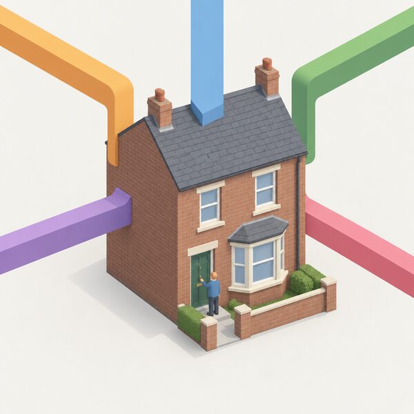 A plain, simplified cutaway-free British terraced house on a plain background, with a small isometric figure of a householder standing at the front door, and simple colour bands or blocks rising from the roof and walls to suggest different support routes reaching the same home, with no text or numbers.