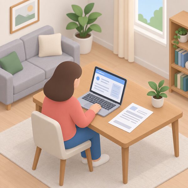 A simplified isometric figure sits at a table in a home living room checking an electricity account on a laptop screen, with a paper electricity bill beside them, showing the account with a participating energy supplier that the rebate depends on.