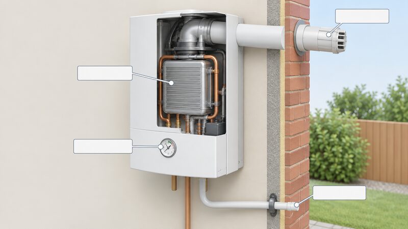 A cutaway diagram of a wall-mounted domestic boiler drawn as a printed sheet, showing the flue running through the outside wall, the heat exchanger inside the casing, the pressure gauge on the front and the condensate pipe leading down and out, each marked with a leader line to a plain blank label block.