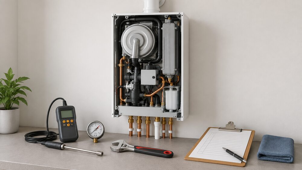 A wall-mounted gas combi boiler with its front casing removed, standing centrally, with an engineer's spanner, flue gas analyser and pressure gauge laid out beside it and a blank service record sheet and clipboard resting nearby.