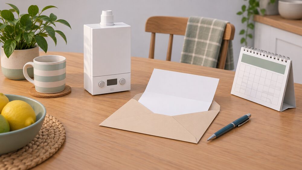 A small model of a wall-hung gas boiler sits on a kitchen table beside a blank folded record sheet in an open envelope, a pen and a calendar, showing the moment a tenant receives the annual gas safety paperwork.