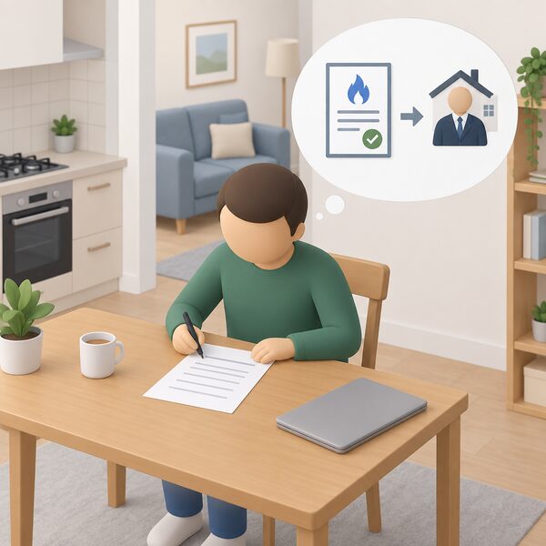 A tenant's simplified figure at a table in a rented flat writing a dated letter addressed to the landlord or letting agent, asking for a copy of the gas safety record, with the letter shown as a physical sheet bearing a date line and blank lines only.