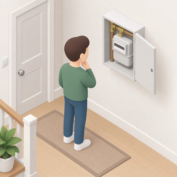 A simplified isometric tenant standing in a hallway looking at a wall-mounted gas meter box with its meter face shown as plain blank bands, checking whether the home's energy charges are metered or estimated.
