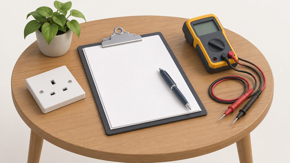 A small table holding a blank multi-page report on a clipboard with a pen resting on it, beside a handheld electrical testing instrument with two probe leads coiled loosely, and a wall socket outlet plate lying nearby as a spare part.