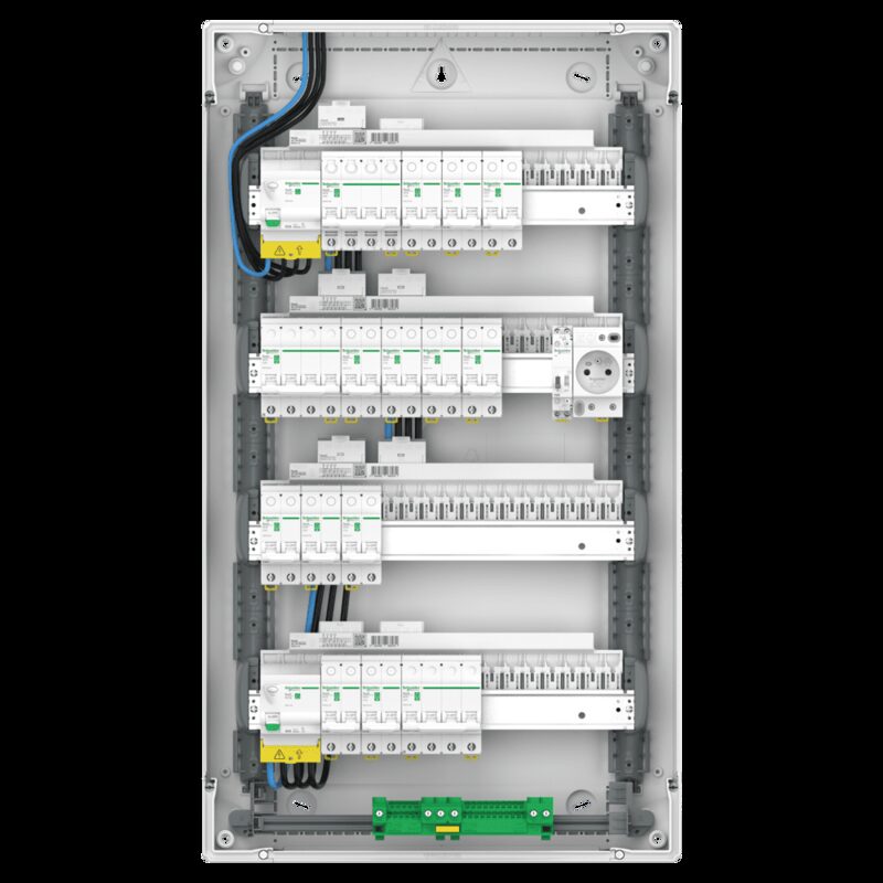 A Schneider Electric consumer unit (electrical panel) filled with circuit breakers and wiring, shown against a white background